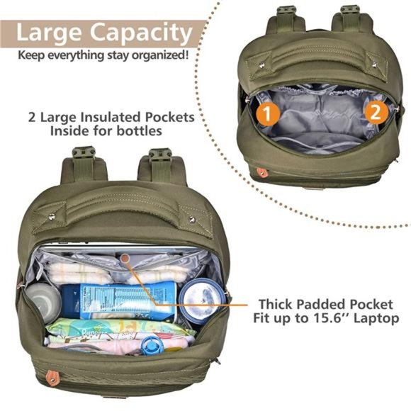 Diaper Bag Backpack with Changing Pad, Multifunction Waterproof Bag, Army Green - Picture 6 of 6